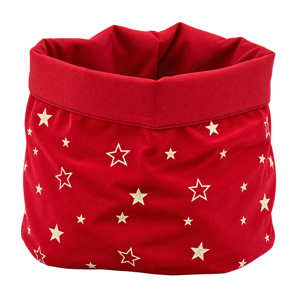 VELVET CHRISTMAS STORAGE BASKET, RED WITH CHAMPAGNE STARS, 20 × 20CM