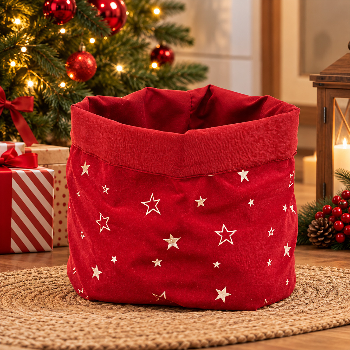VELVET CHRISTMAS STORAGE BASKET, RED WITH CHAMPAGNE STARS, 20 × 20CM - Image 2