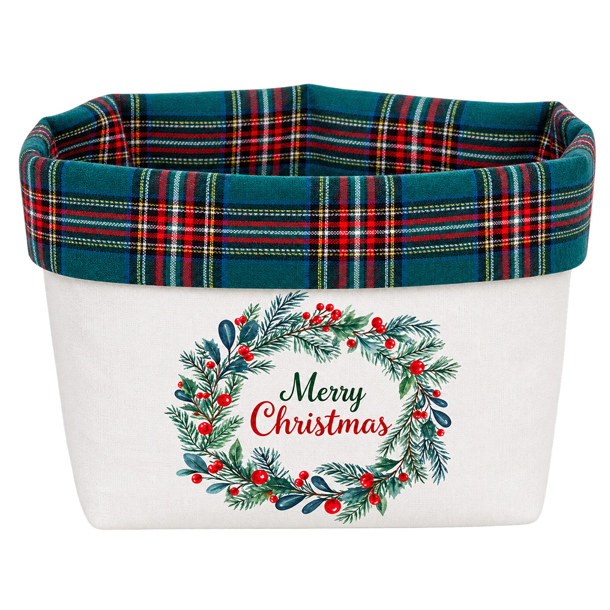 CHRISTMAS FABRIC BASKET WHITE WITH WREATH DESIGN 18 X 22 CM