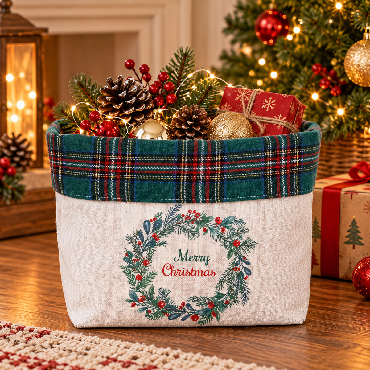 CHRISTMAS FABRIC BASKET WHITE WITH WREATH DESIGN 18 X 22 CM - Image 2