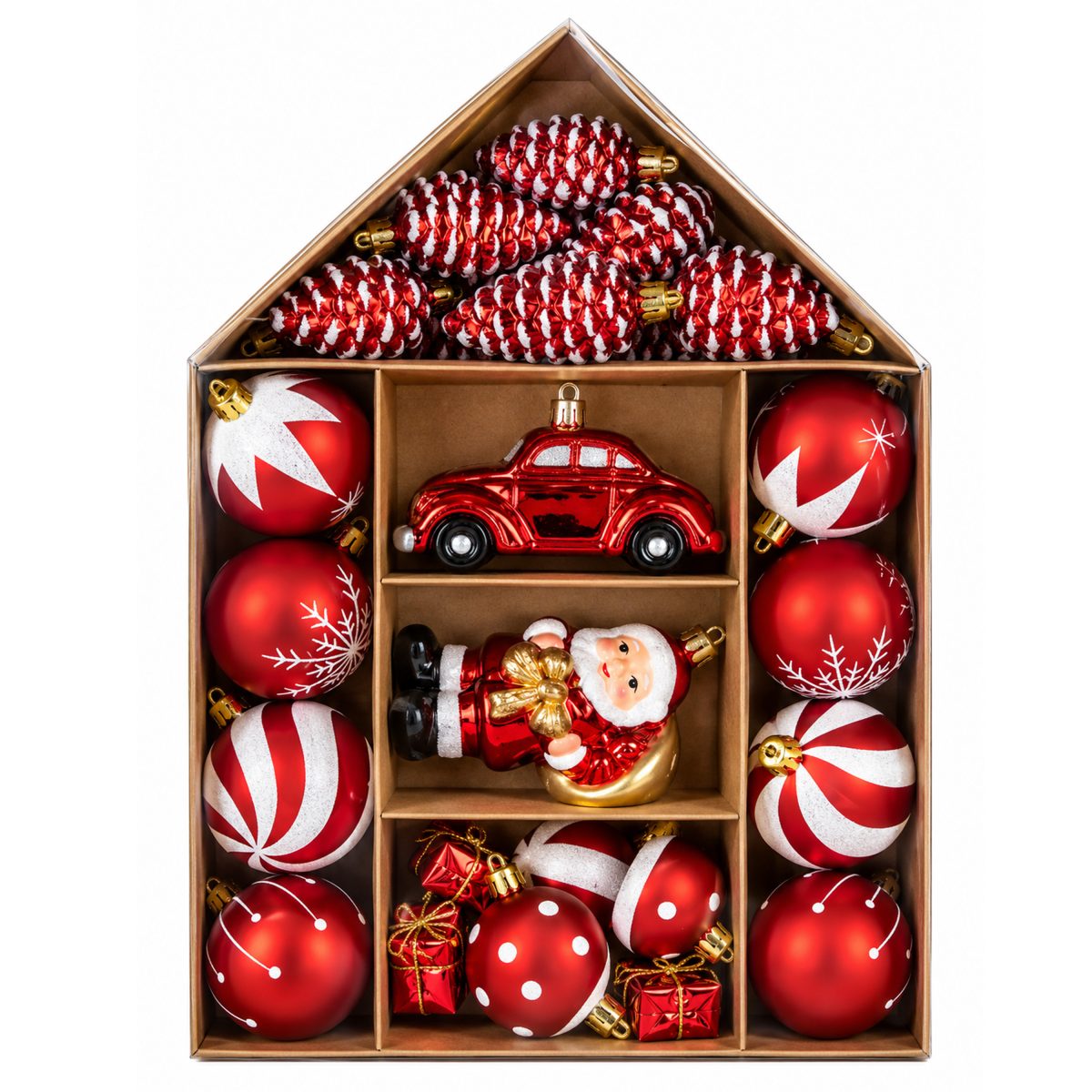 CHRISTMAS PLASTIC ORNAMENTS RED AND WHITE, ASSORTED DESIGNS 27PCS