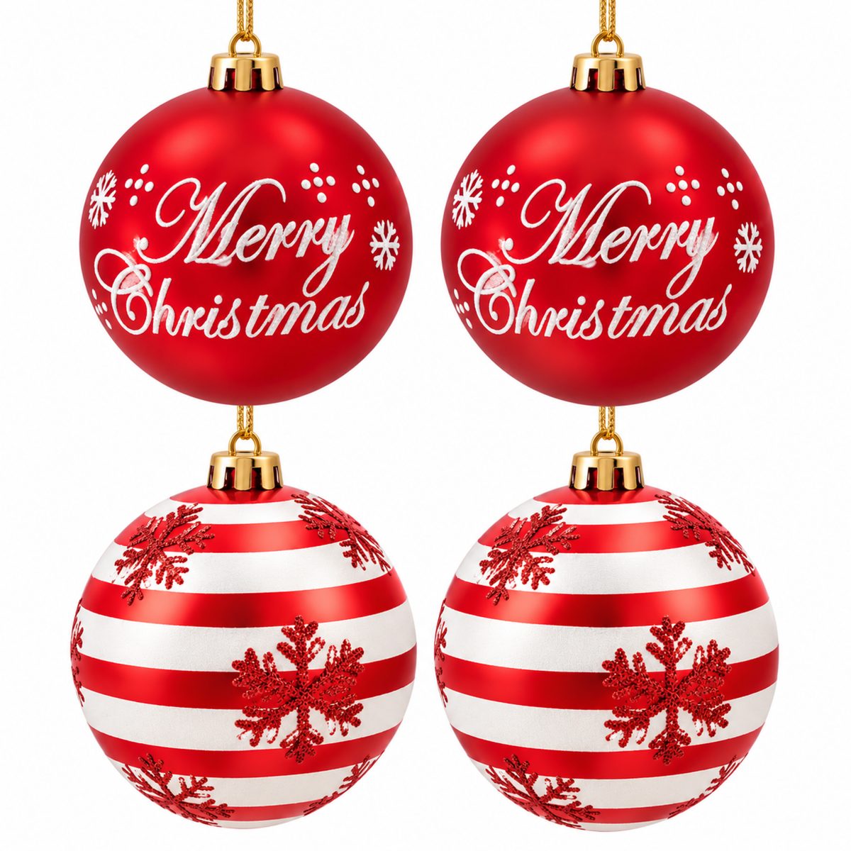 CHRISTMAS PLASTIC BALLS RED WITH MERRY CHRISTMAS AND SNOWFLAKE DESIGN 10CM 4PCS