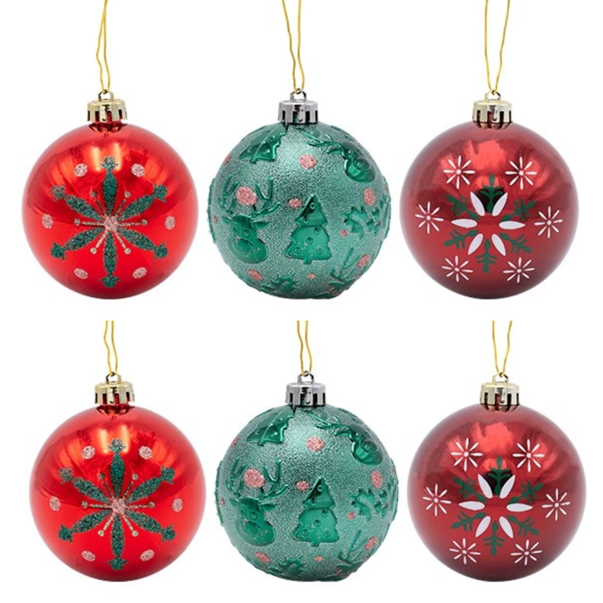 CHRISTMAS PLASTIC BALL, BURGUNDY GREEN RED, SET OF 6PCS, 8CM