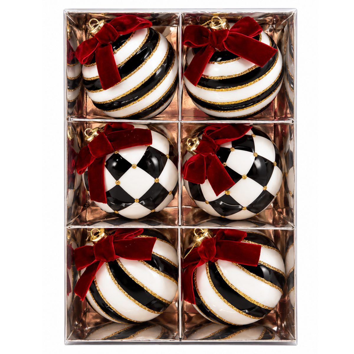 CHRISTMAS PLASTIC BALLS BLACK AND WHITE 3 DIFFERENT DESIGNS 8CM 6PCS