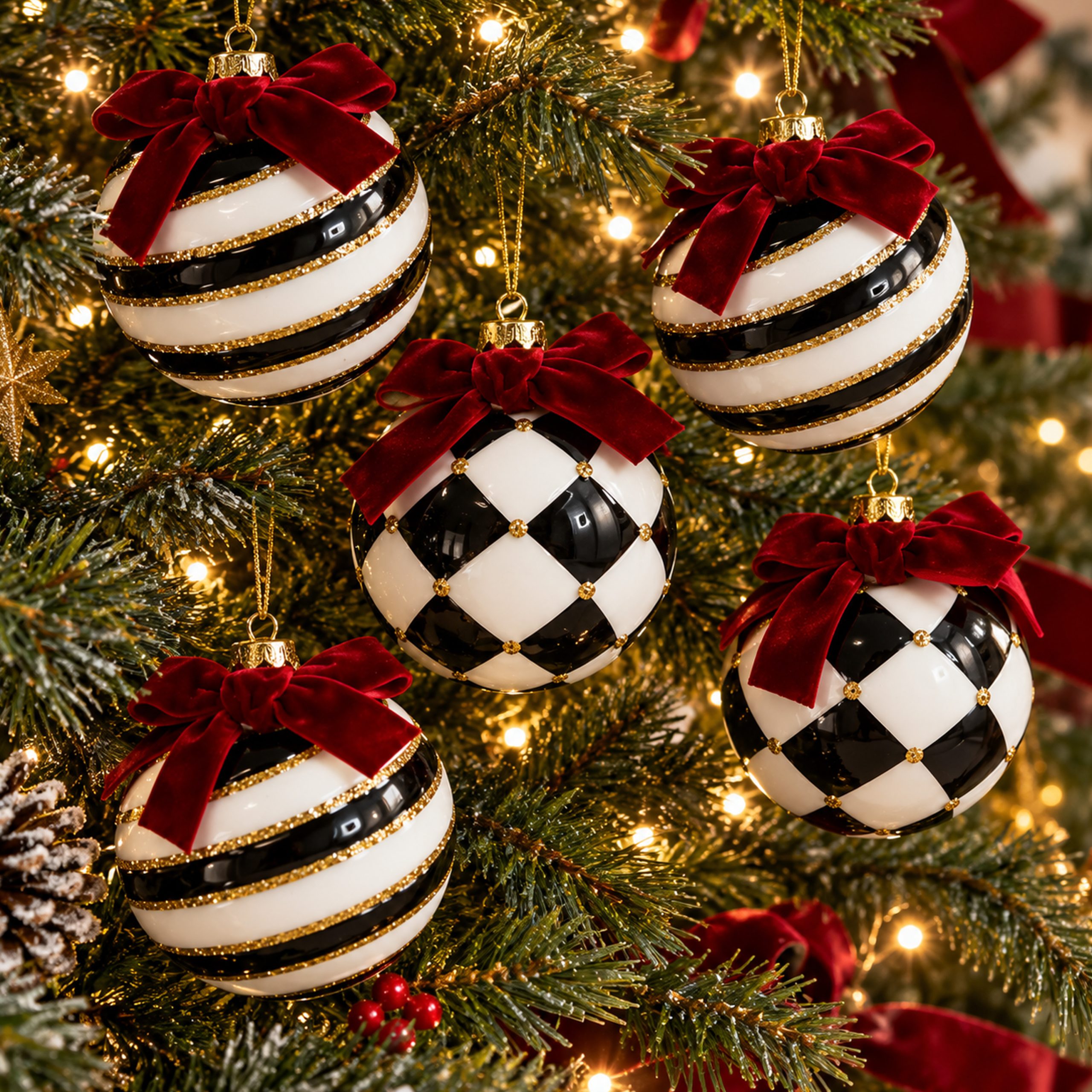 CHRISTMAS PLASTIC BALLS BLACK AND WHITE 3 DIFFERENT DESIGNS 8CM 6PCS - Image 2