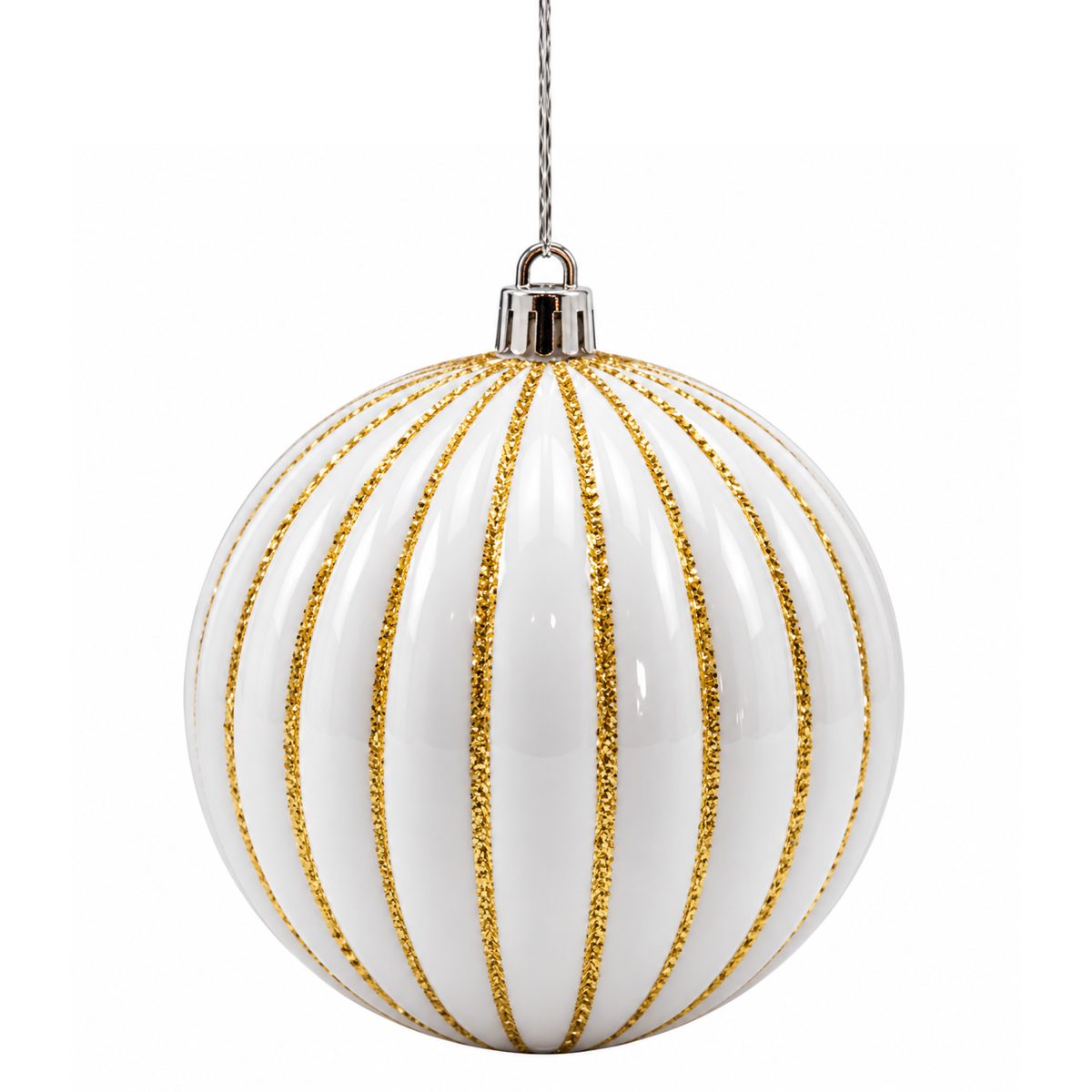 CHRISTMAS PLASTIC BALLS WHITE WITH GOLD EMBOSSED STRIPES 10CM 6PCS