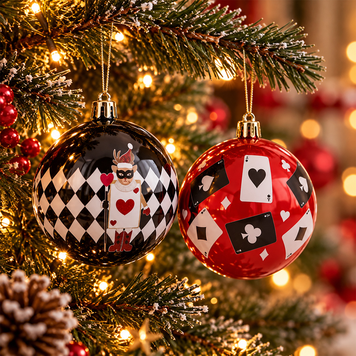 PLASTIC CHRISTMAS BAUBLES WITH PLAYING CARD DESIGN 8 CM SET OF 6 - Image 2