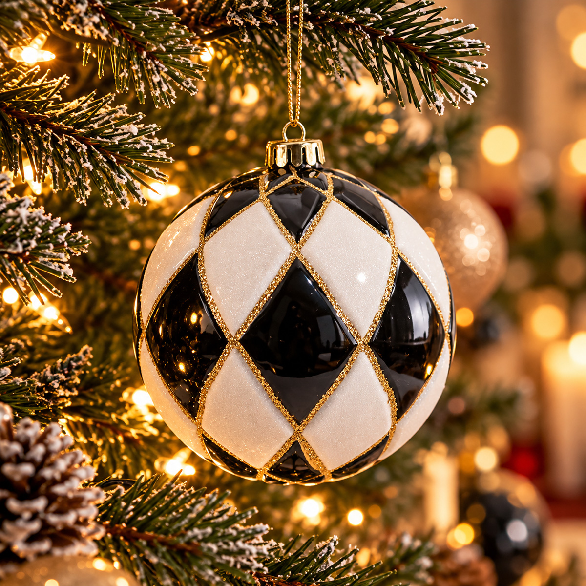 BLACK & WHITE PLASTIC CHRISTMAS BAUBLES WITH GOLD LINES 15 CM SET OF 2 - Image 2