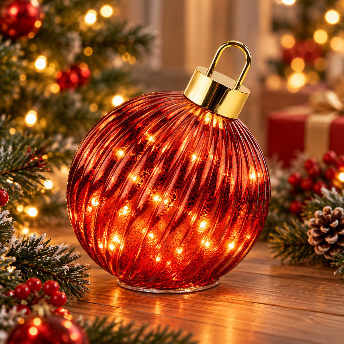 RED LIGHT-UP GLASS CHRISTMAS BAUBLE 18 X 24 CM - Image 2
