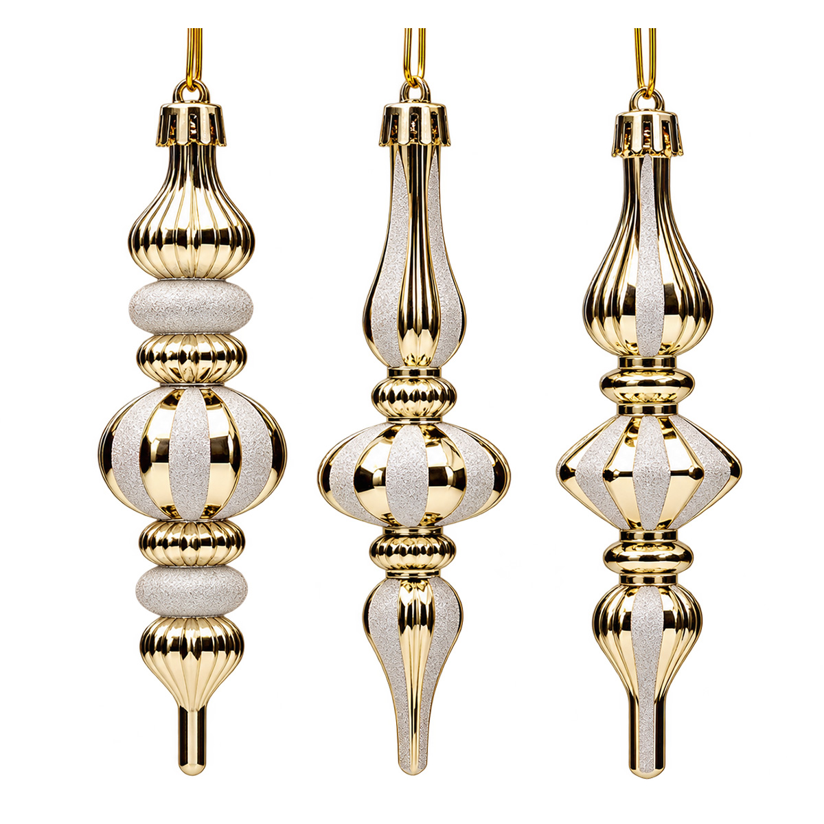 GOLD & WHITE PLASTIC CHRISTMAS ICICLE ORNAMENTS 13 CM SET OF 3