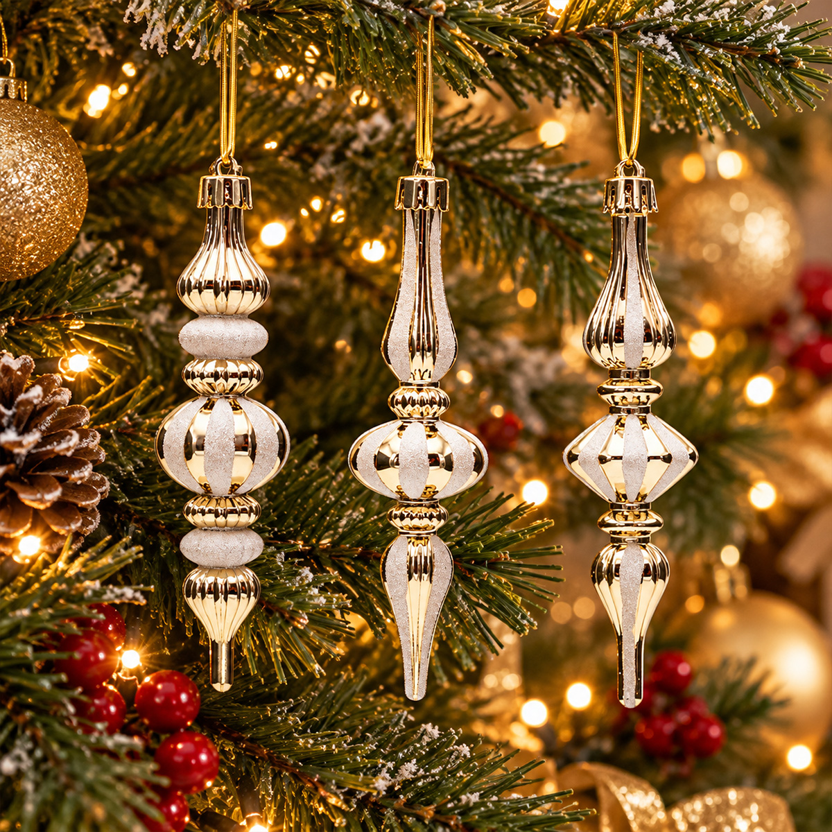 GOLD & WHITE PLASTIC CHRISTMAS ICICLE ORNAMENTS 13 CM SET OF 3 - Image 2