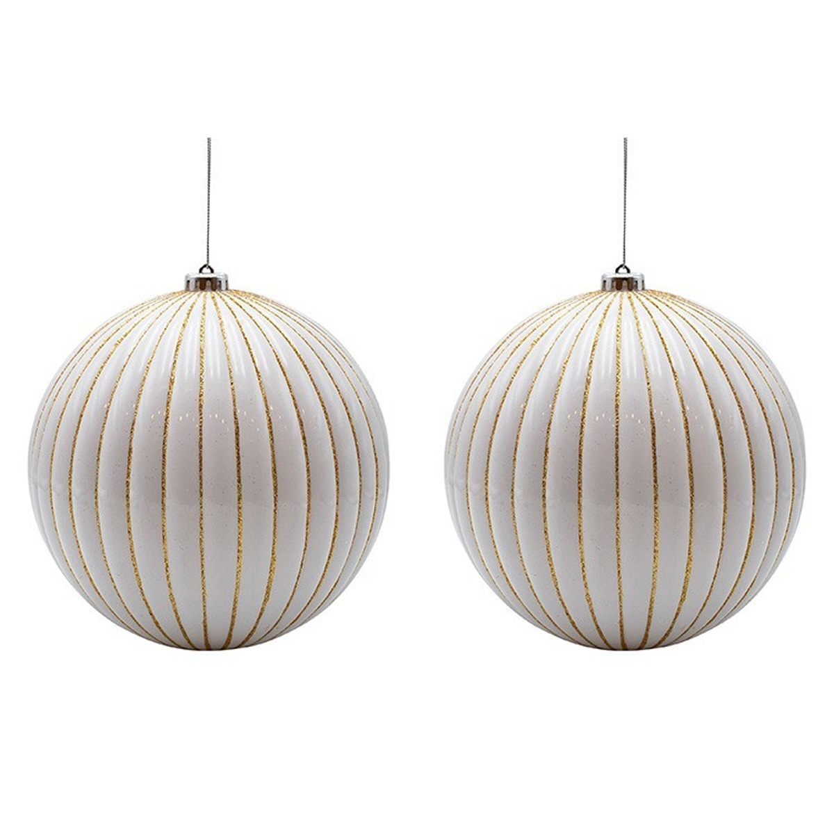 WHITE & GOLD PLASTIC CHRISTMAS BAUBLES WITH RAISED STRIPES 15 CM SET OF 2