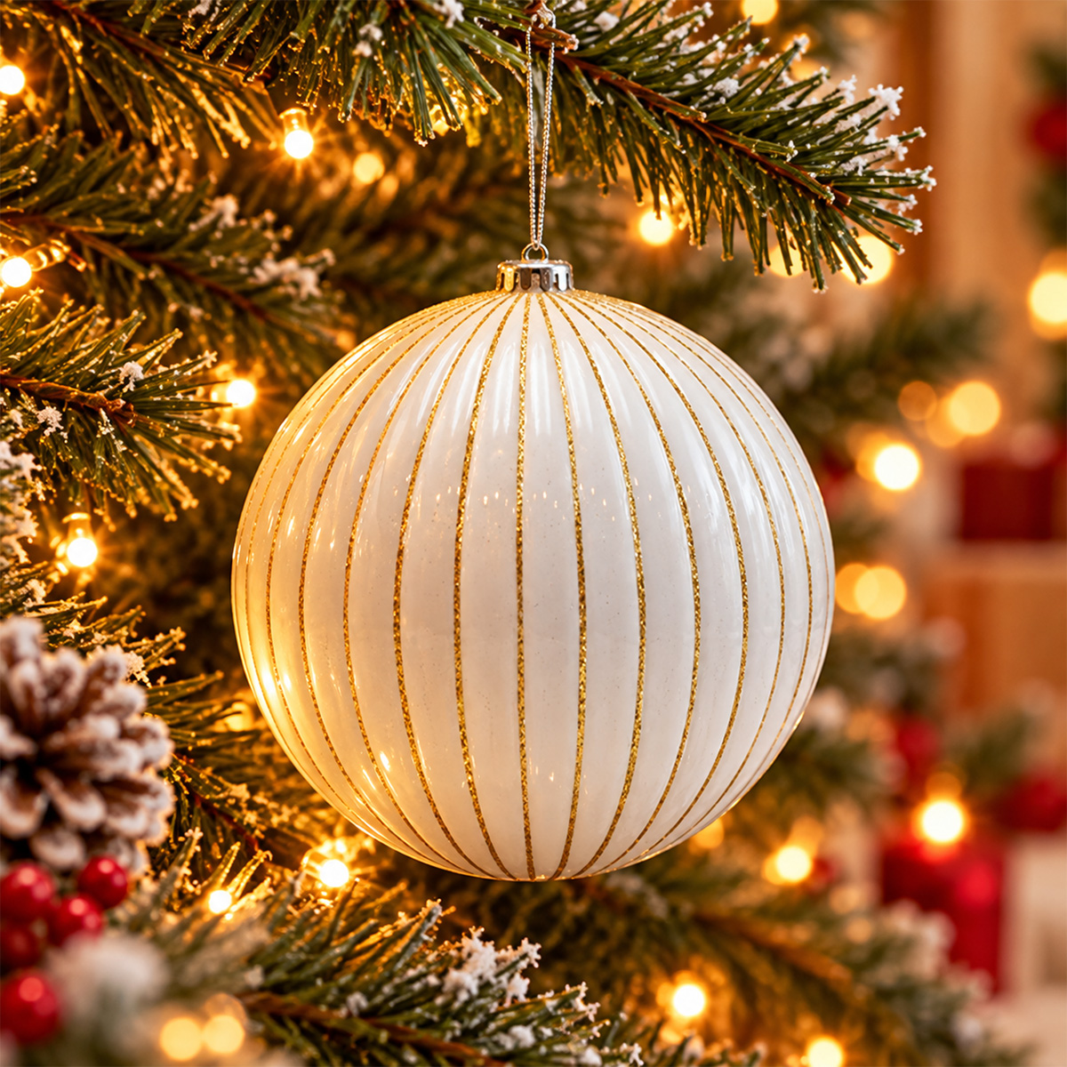 WHITE & GOLD PLASTIC CHRISTMAS BAUBLES WITH RAISED STRIPES 15 CM SET OF 2 - Image 2