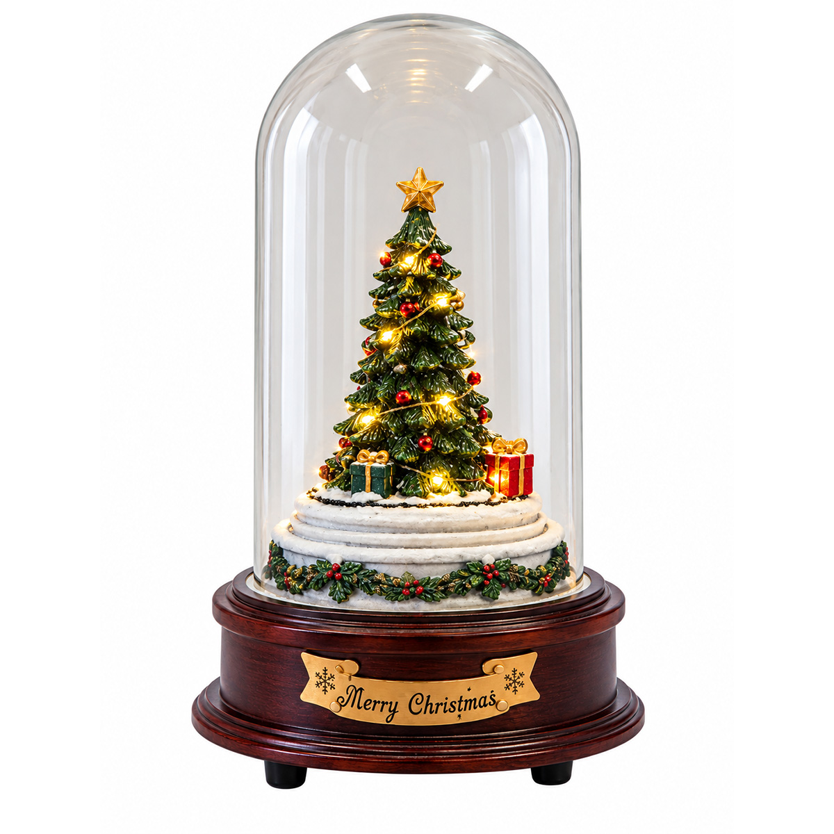 CHRISTMAS TREE IN GLASS DOME, BATTERY POWERED, LED, WITH MUSIC AND MOTION, 13.5X13.5X20CM