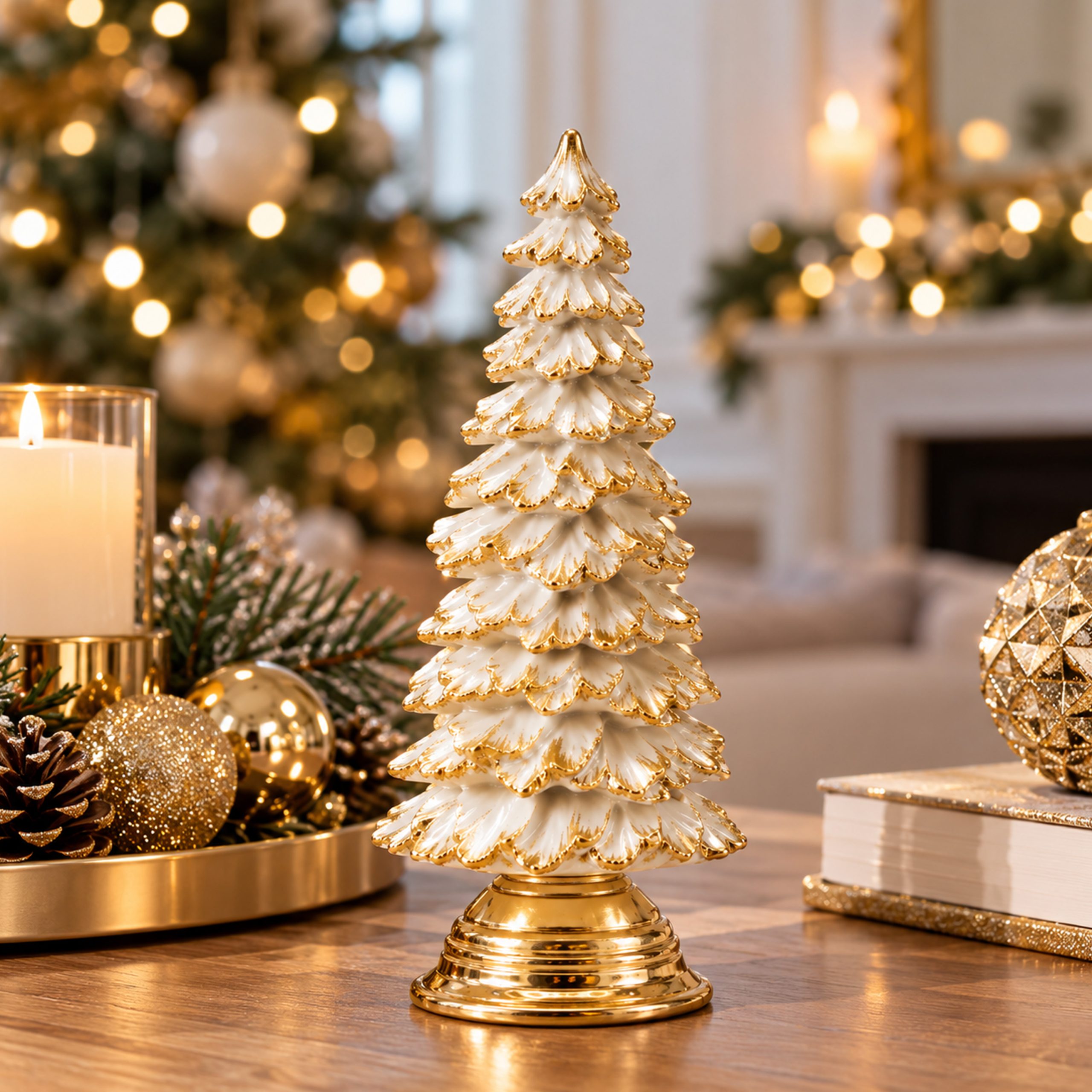WHITE AND GOLD GLITTER POLYRESIN CHRISTMAS TREE 10,5X10,5X29,5CM - Image 2