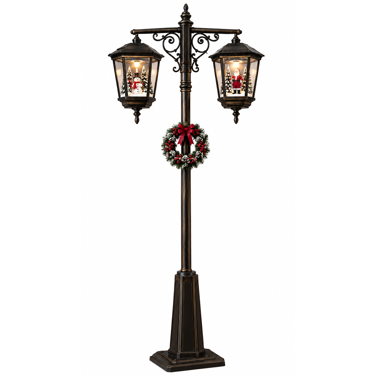 CHRISTMAS DOUBLE SNOW GLOBE STREET LAMP BLACK WITH WREATH, 66 LED LIGHTS, MUSIC, MOVEMENT & ADAPTOR 188CM