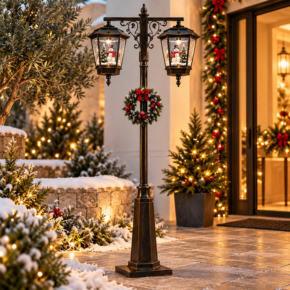 CHRISTMAS DOUBLE SNOW GLOBE STREET LAMP BLACK WITH WREATH, 66 LED LIGHTS, MUSIC, MOVEMENT & ADAPTOR 188CM - Image 2