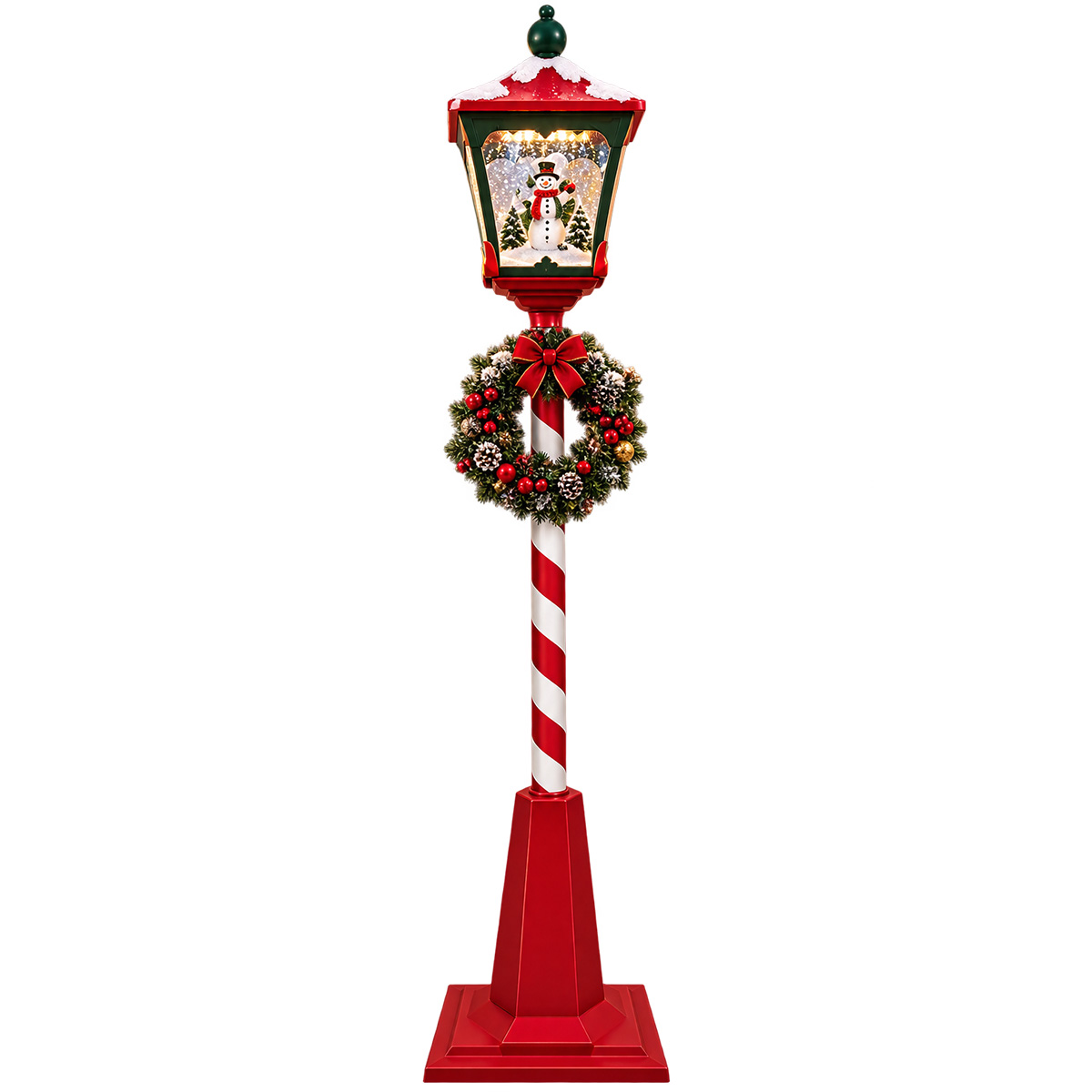 CHRISTMAS SNOW GLOBE STREET LAMP WITH SANTA CLAUS, DECORATED WREATH, 32 LED LIGHTS, MUSIC, MOVEMENT & ADAPTOR, RED & GREEN 180CM