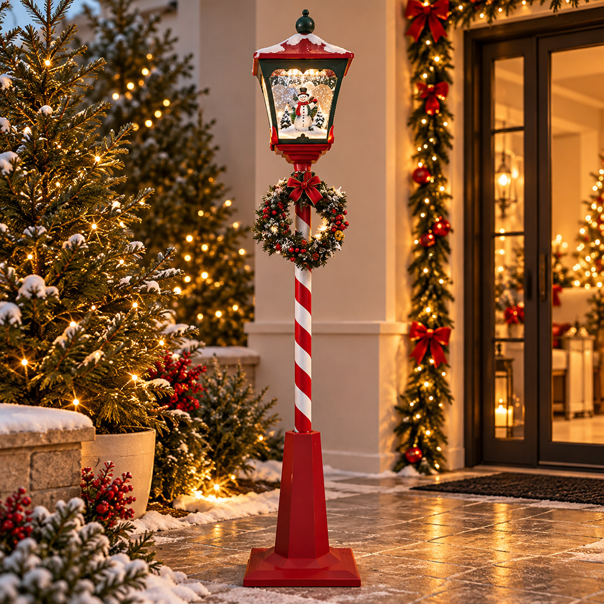 CHRISTMAS SNOW GLOBE STREET LAMP WITH SANTA CLAUS, DECORATED WREATH, 32 LED LIGHTS, MUSIC, MOVEMENT & ADAPTOR, RED & GREEN 180CM - Image 2