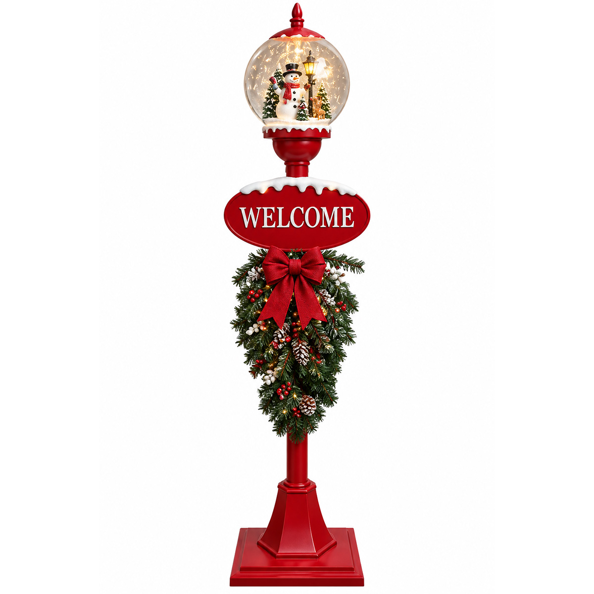 CHRISTMAS SNOW GLOBE LAMP POST RED WITH WELCOME SIGN, DECORATED GARLAND, 60 LED LIGHTS, MOVEMENT & ADAPTOR 150CM