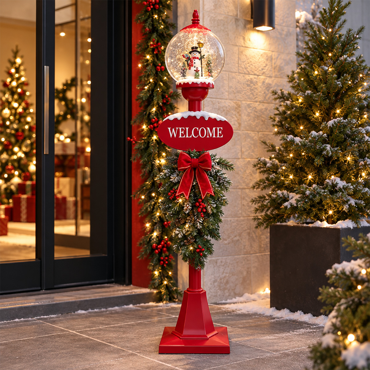 CHRISTMAS SNOW GLOBE LAMP POST RED WITH WELCOME SIGN, DECORATED GARLAND, 60 LED LIGHTS, MOVEMENT & ADAPTOR 150CM - Image 2