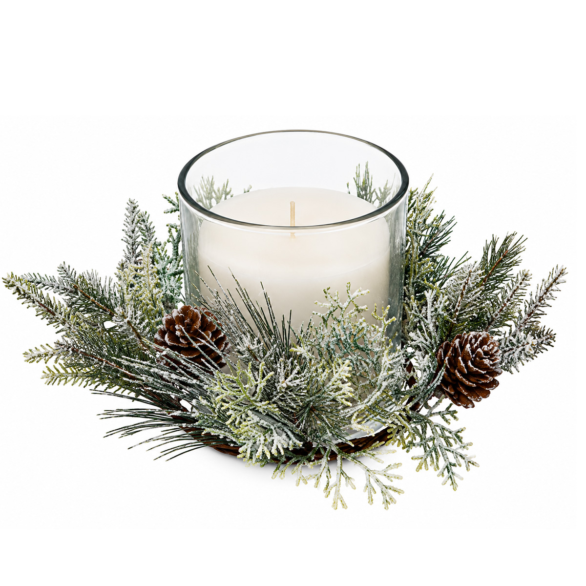 WHITE CANDLE IN JAR WITH CHRISTMAS DECORATION