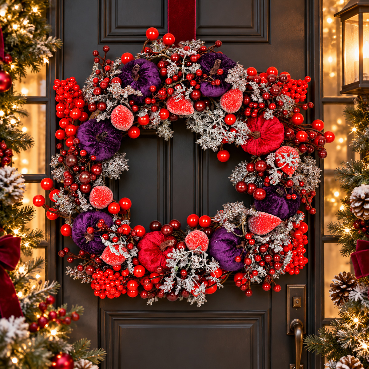 LUXURY CHRISTMAS WREATH WITH RED & CHAMPAGNE BERRIES 65CM - Image 2