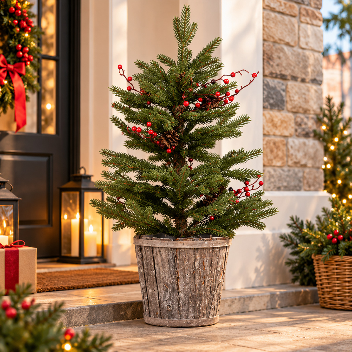PE CHRISTMAS TREE IN WOODEN POT WITH RED BERRIES 61CM - Image 2