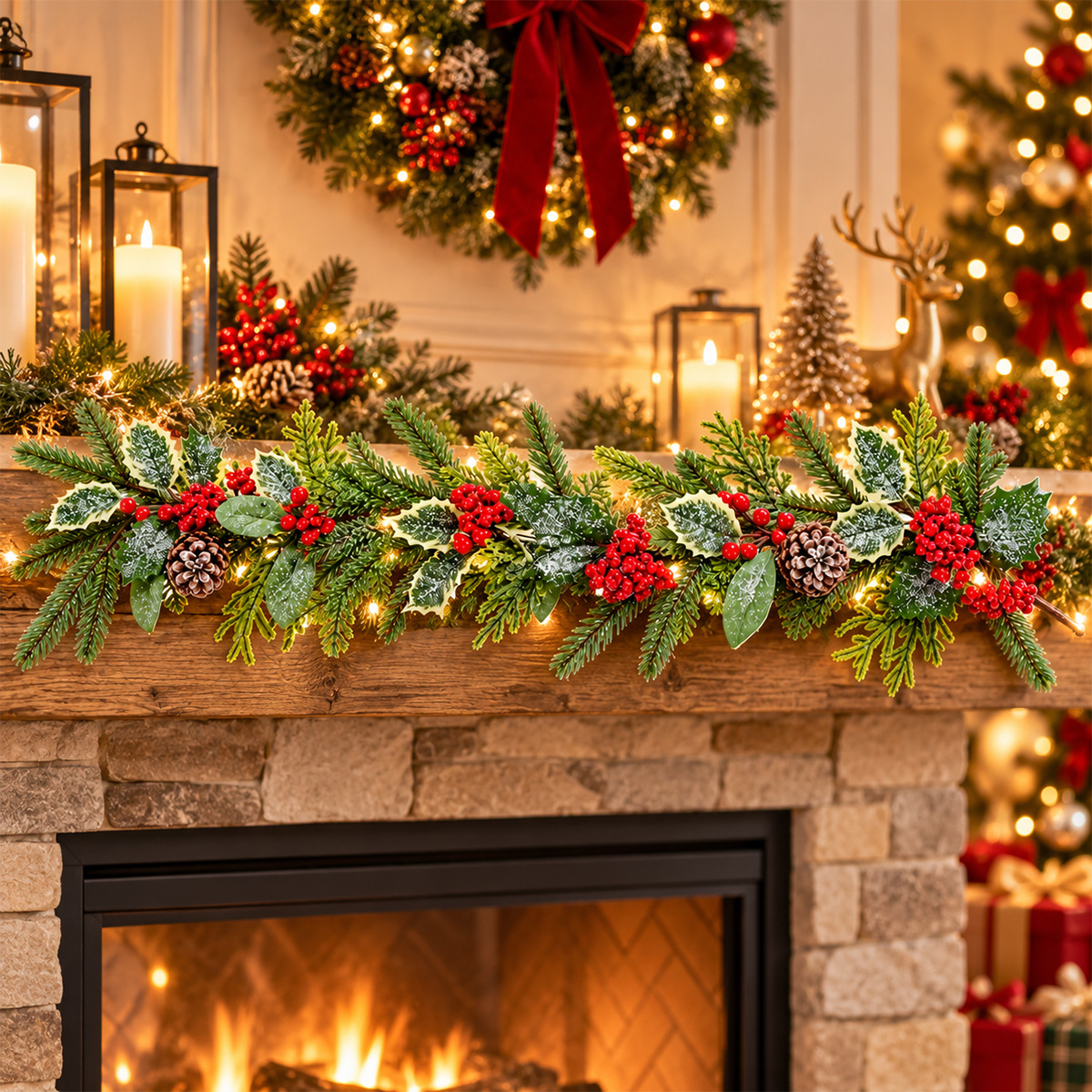 MIXED CHRISTMAS GARLAND WITH LEAVES & BERRIES 150CM - Image 4