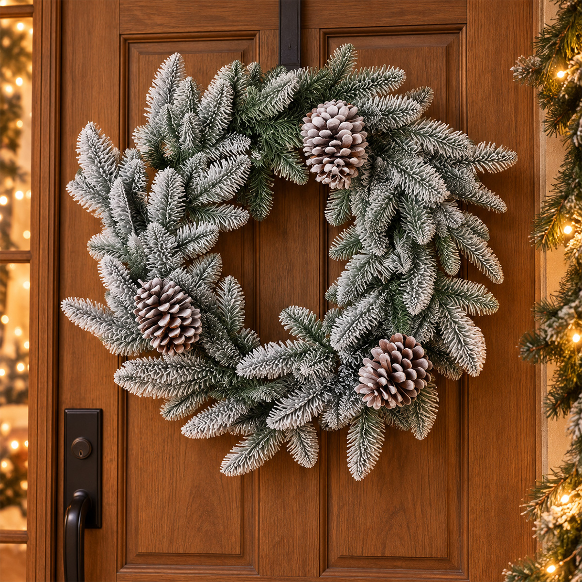 FROSTGLOW SNOW-FLOCKED CHRISTMAS WREATH WITH PINE CONES 60CM - Image 2