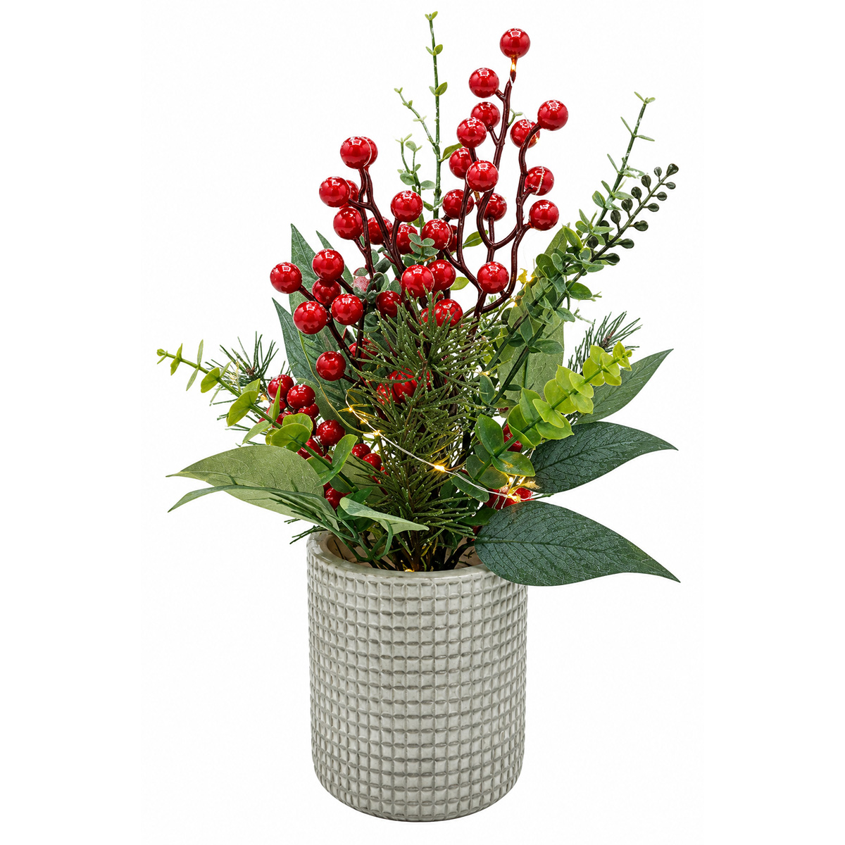 CHRISTMAS DECORATION IN A POT WITH BERRIES LIGHTED 10X35CM