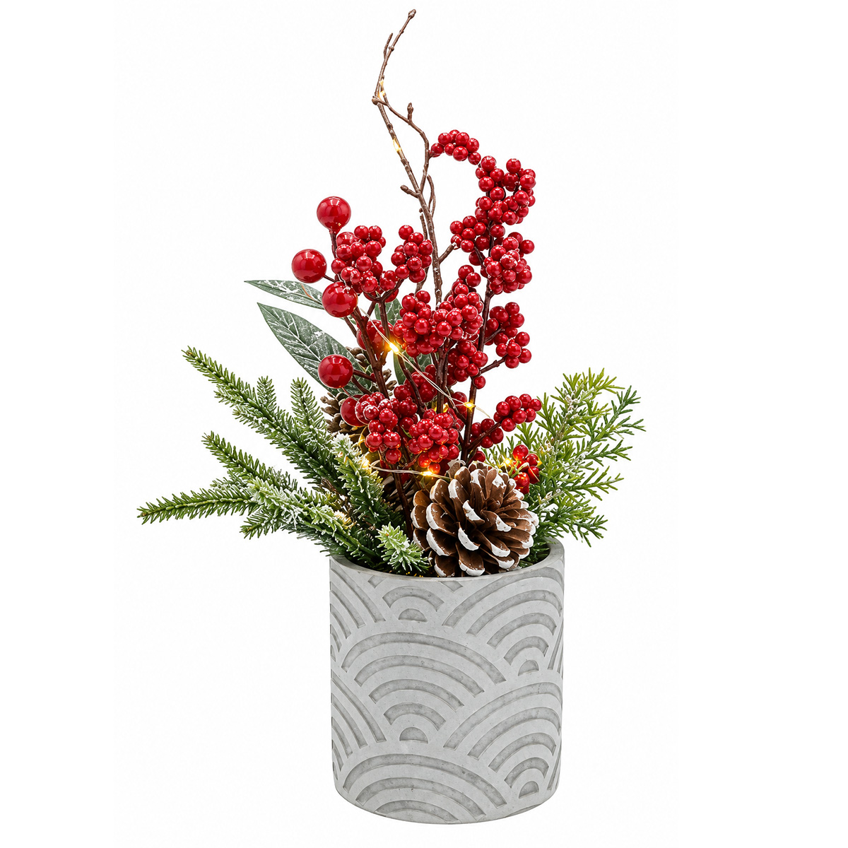 CHRISTMAS DECORATION IN A POT WITH BERRIES SNOWY LIGHTED 10X35CM