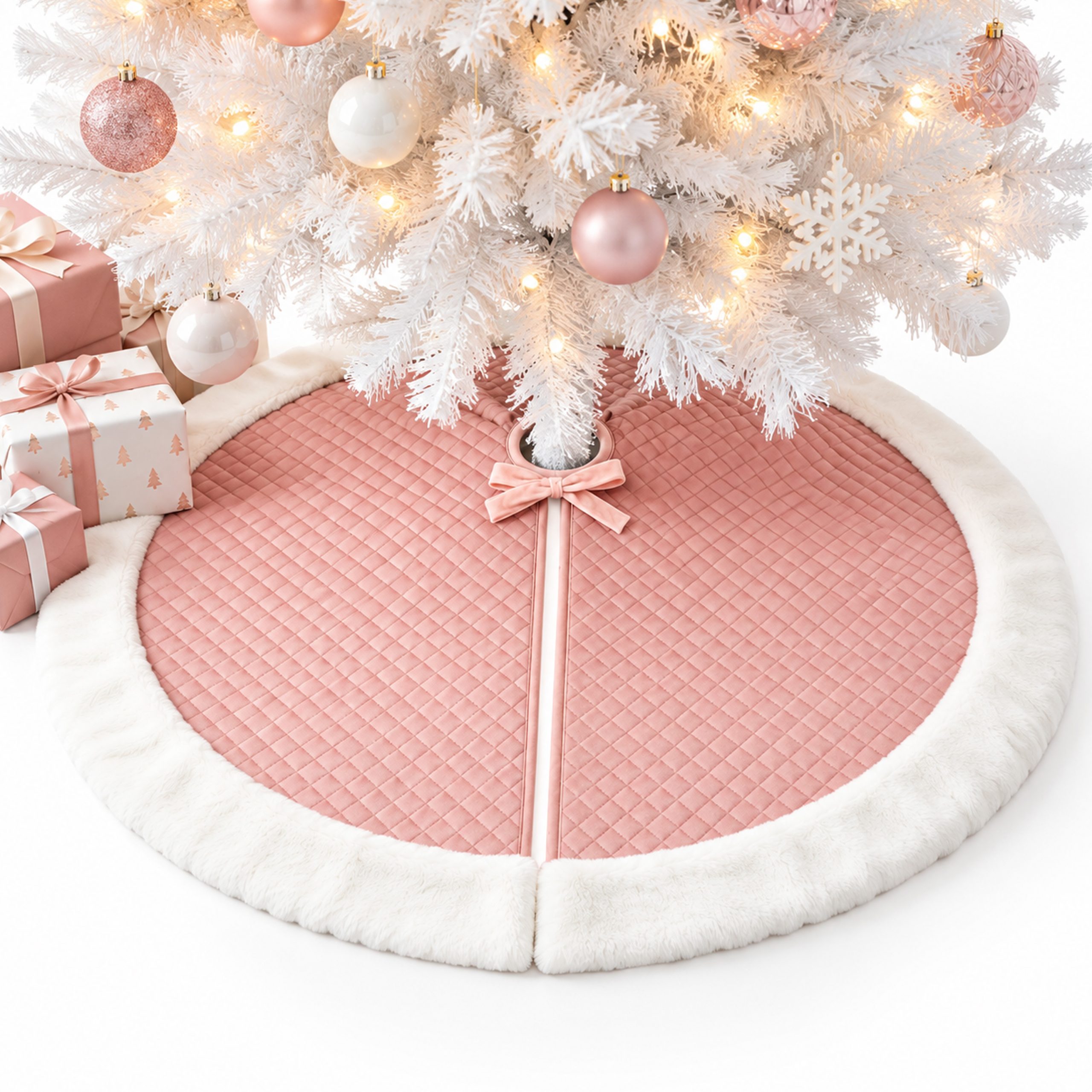 CHRISTMAS TREE SKIRT PINK QUILTED 90CM - Image 2
