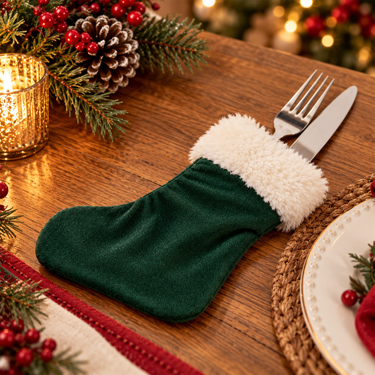 CHRISTMAS CUTLERY HOLDER GREEN STOCKING 12X14.5CM - Image 2
