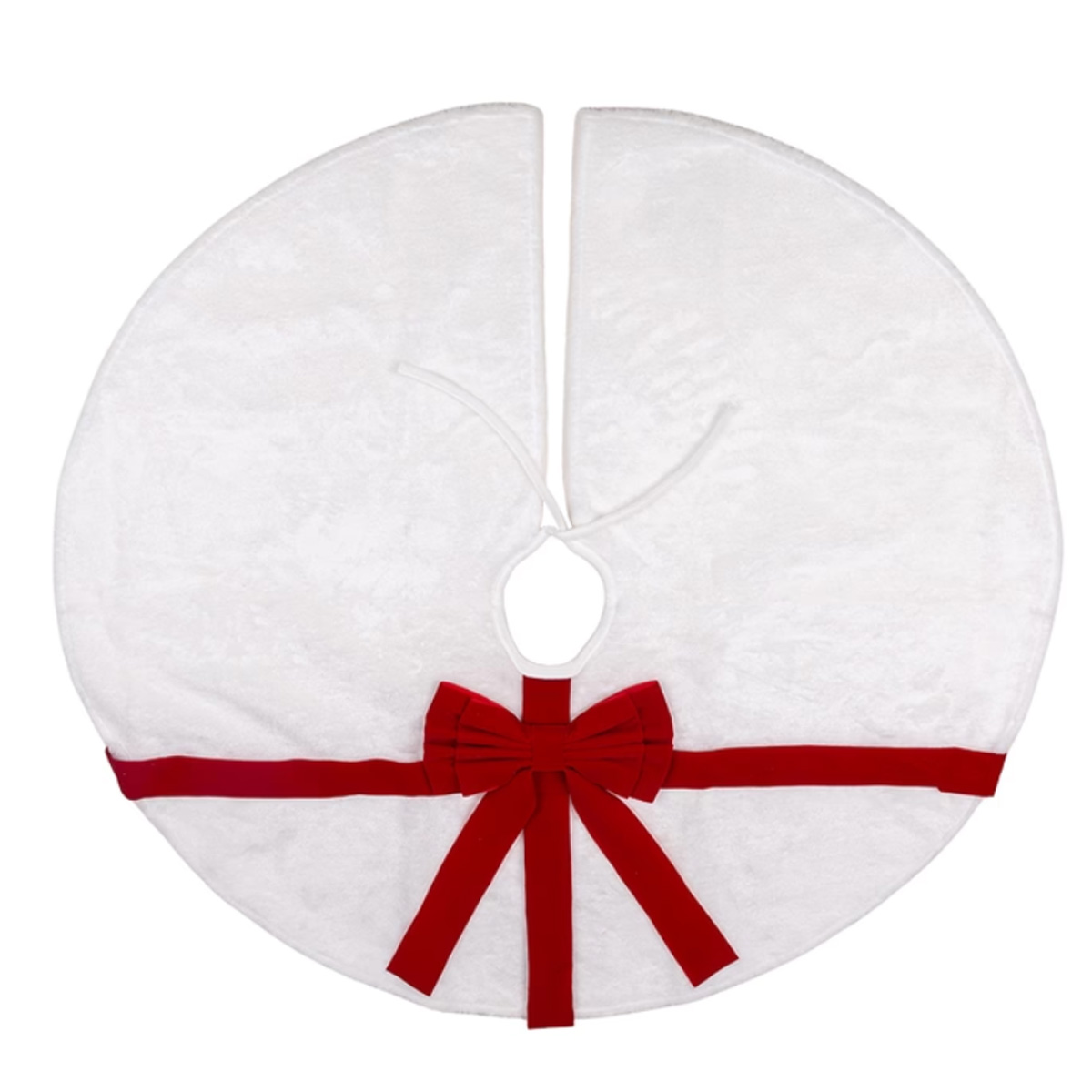 CHRISTMAS WHITE FAUX FUR TREE SKIRT WITH RED BOW 90CM