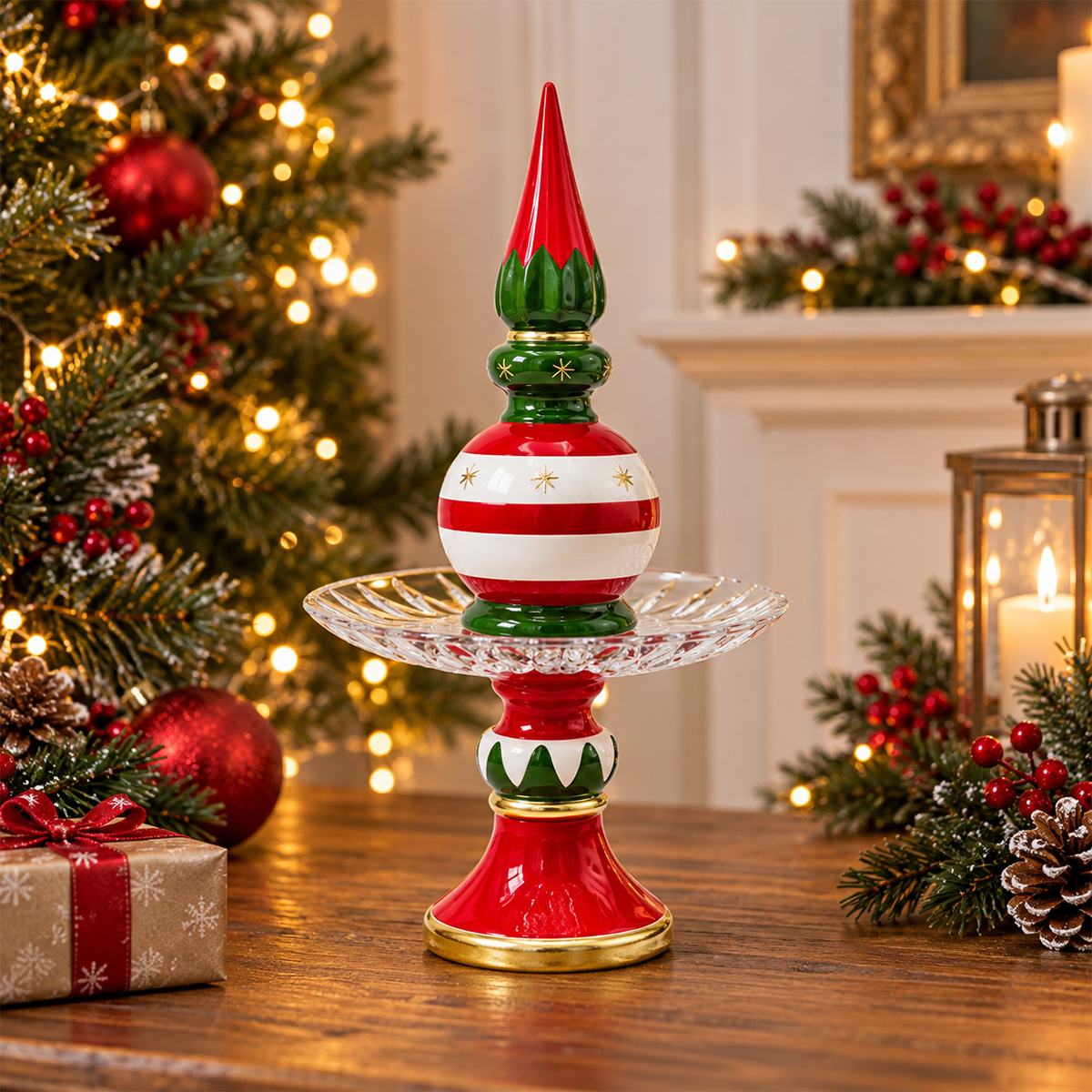 CERAMIC CHRISTMAS CANDY PLATTER WITH BALL & CONE DECORATION 24 X 43 CM - Image 2
