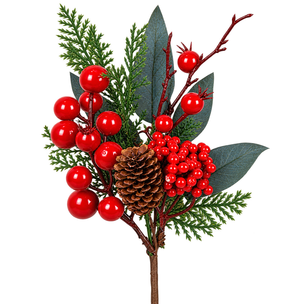 CHRISTMAS PICK WITH LARGE & SMALL RED BERRIES AND PINE CONE 29CM