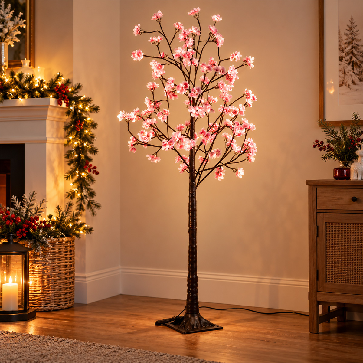 LED CHERRY BLOSSOM TREE WITH PINK FLOWERS 180CM 96 WARM WHITE LEDS IP44 - Image 3