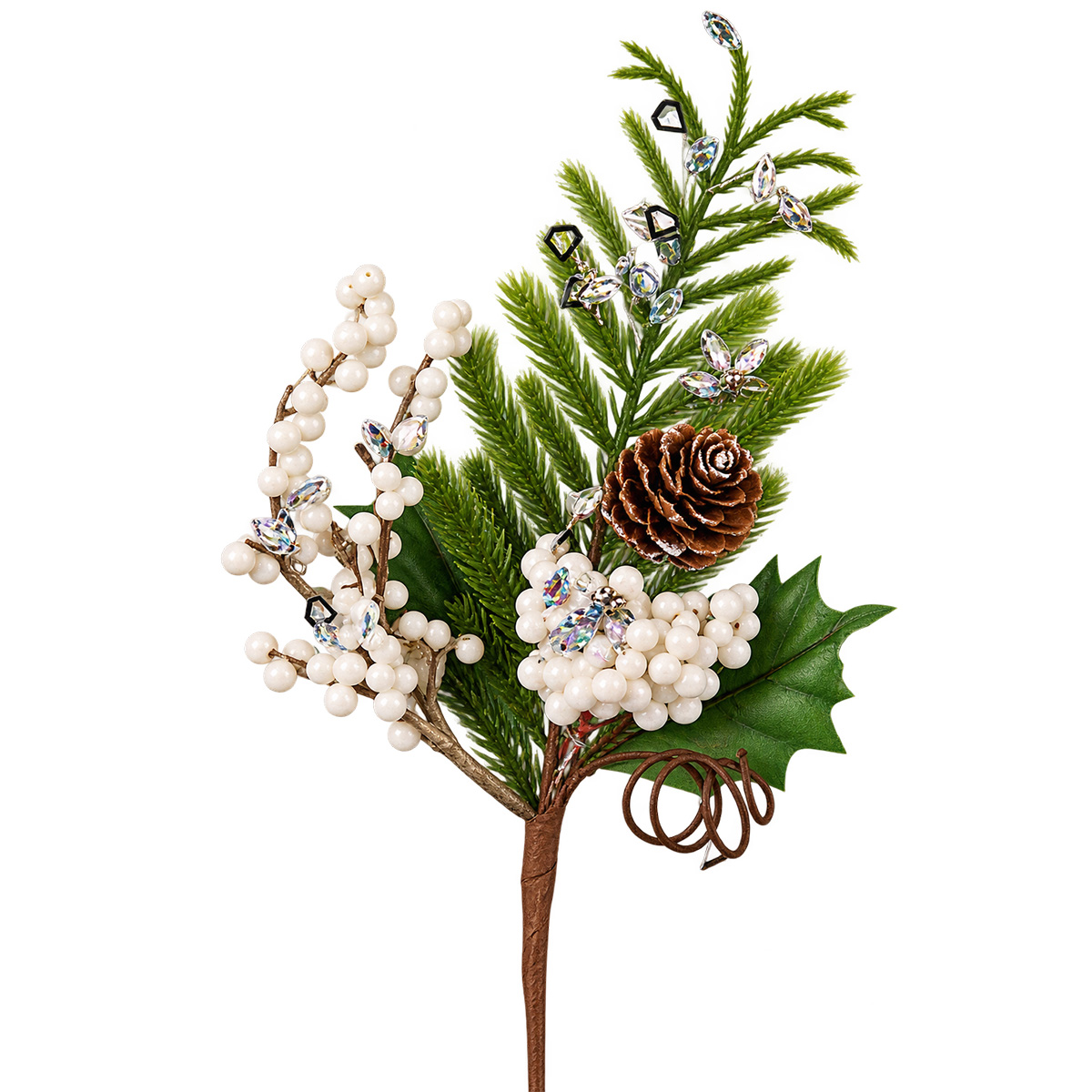 CHRISTMAS PICK WITH WHITE BERRIES AND WATTLE, 26CM