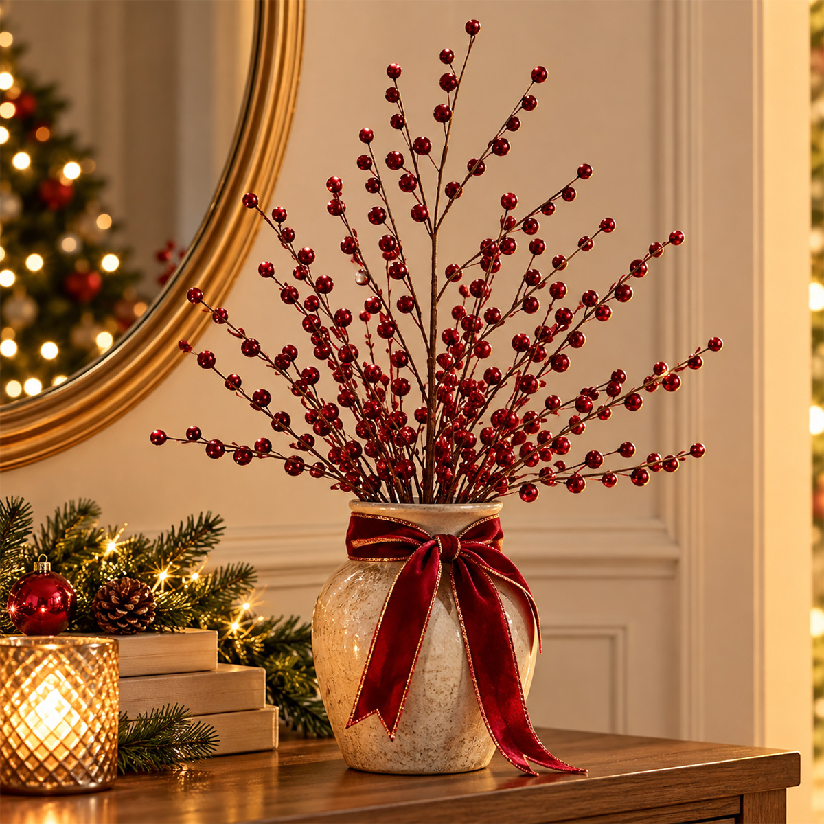 CHRISTMAS DECORATIVE BERRY BRANCH DENSE METALLIC BURGUNDY 79CM - Image 2