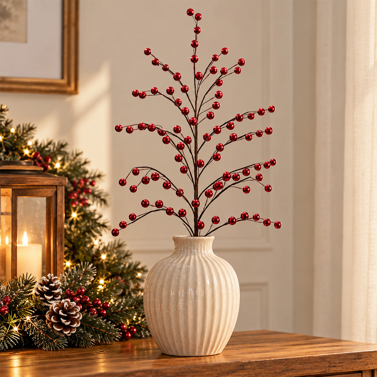 CHRISTMAS DECORATIVE BRANCH WITH METALLIC RED BERRIES 79CM - Image 2