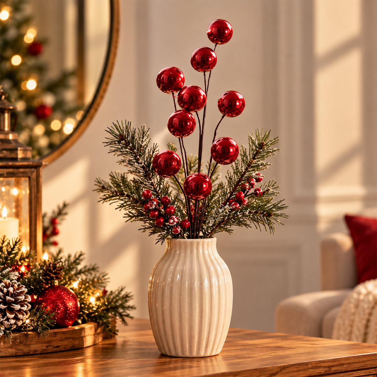 CHRISTMAS DECORATIVE BOUQUET BRANCH WITH METALLIC RED BERRIES 72CM - Image 2