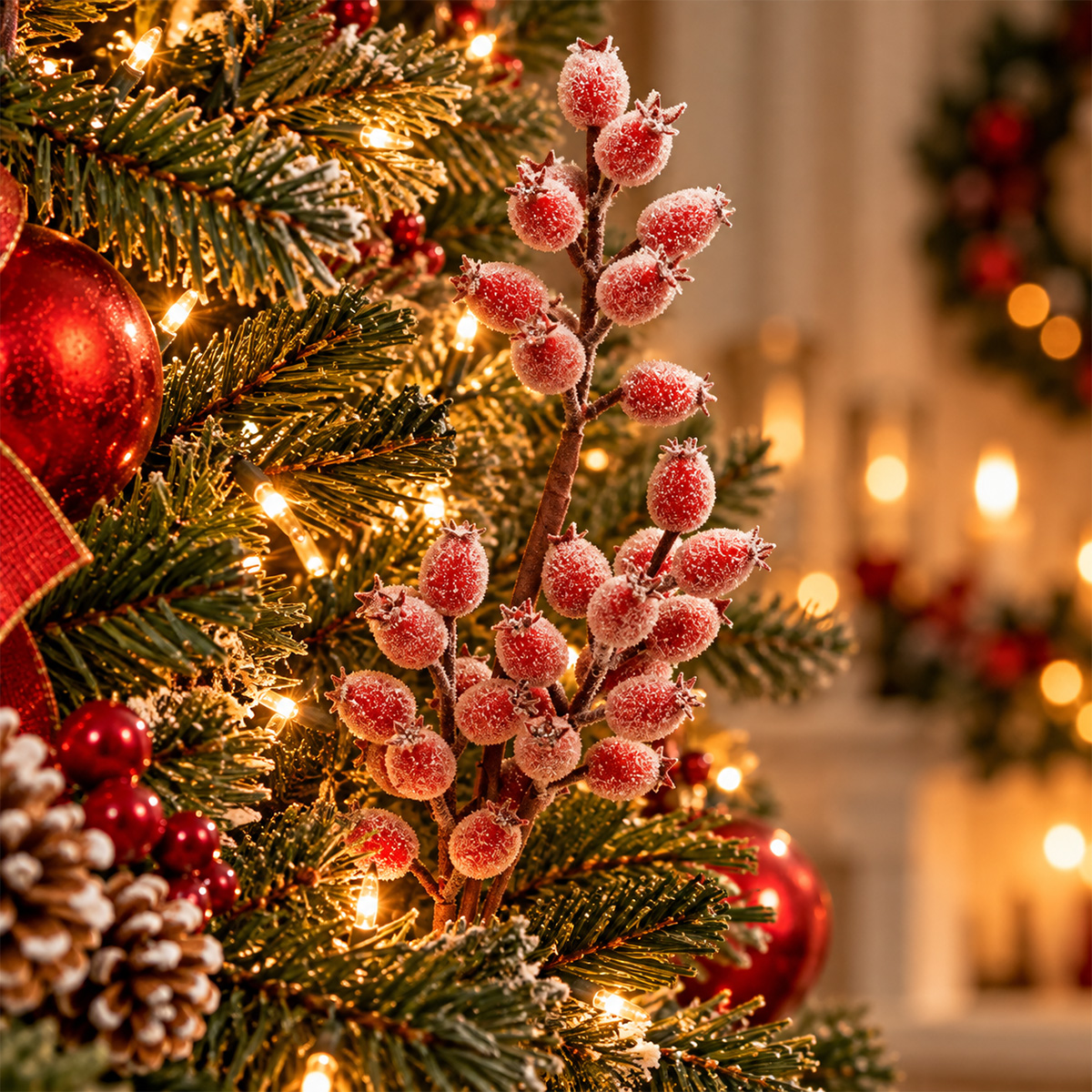 CHRISTMAS DECORATIVE BRANCH WITH SMALL FROSTED RED BERRIES 52CM - Image 2