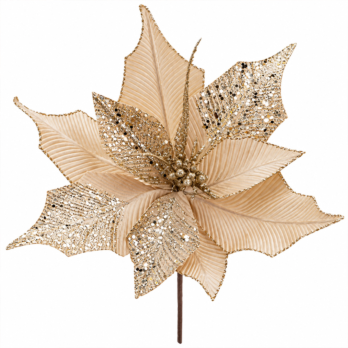 CHRISTMAS VELVET POINSETTIA FLOWER TAUPE WITH CHAMPAGNE GLITTER 35 × 29CM