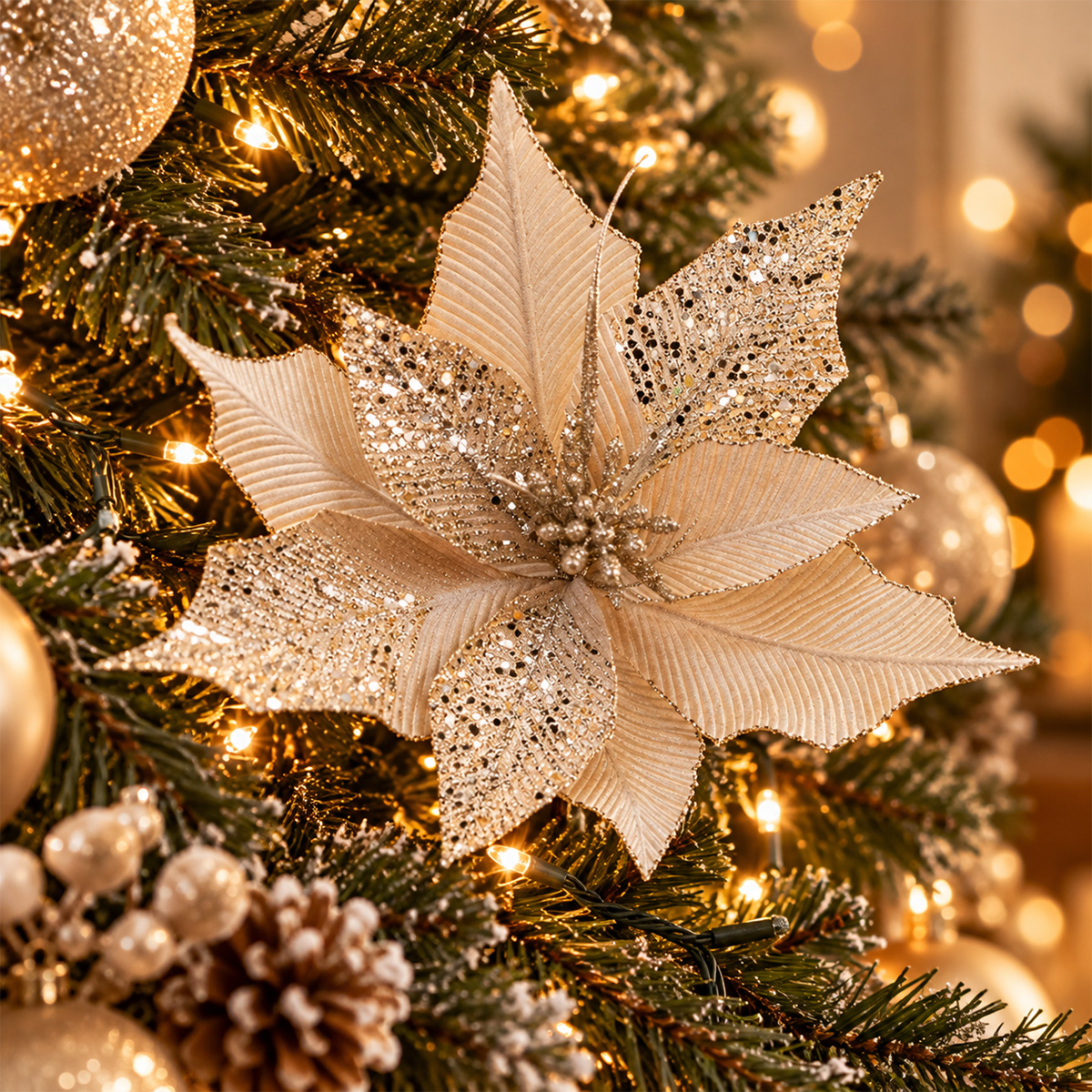 CHRISTMAS VELVET POINSETTIA FLOWER TAUPE WITH CHAMPAGNE GLITTER 35 × 29CM - Image 2