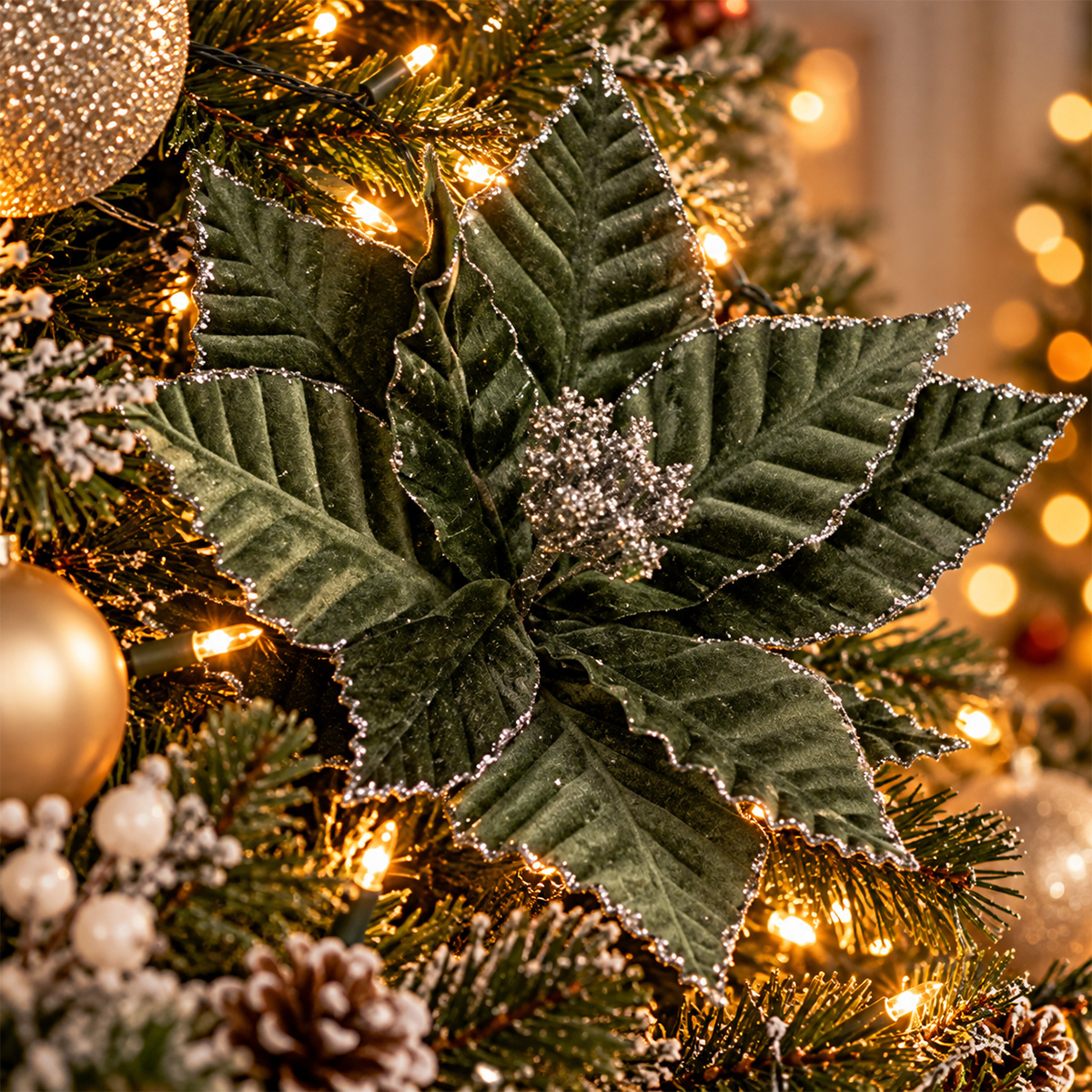 CHRISTMAS DECORATIVE KHAKI POINSETTIA FLOWER WITH SILVER GLITTER 28 × 25CM - Image 2