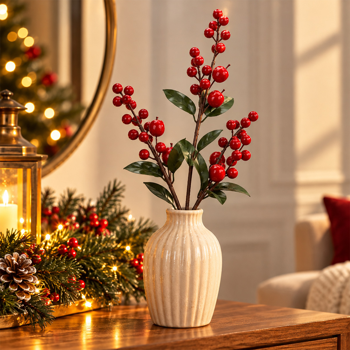 CHRISTMAS DECORATIVE BRANCH WITH RED BERRIES AND MINI APPLES 65CM - Image 2
