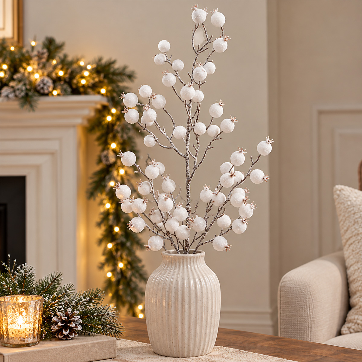 CHRISTMAS SNOW-COVERED WHITE BERRY BRANCH 75CM - Image 2