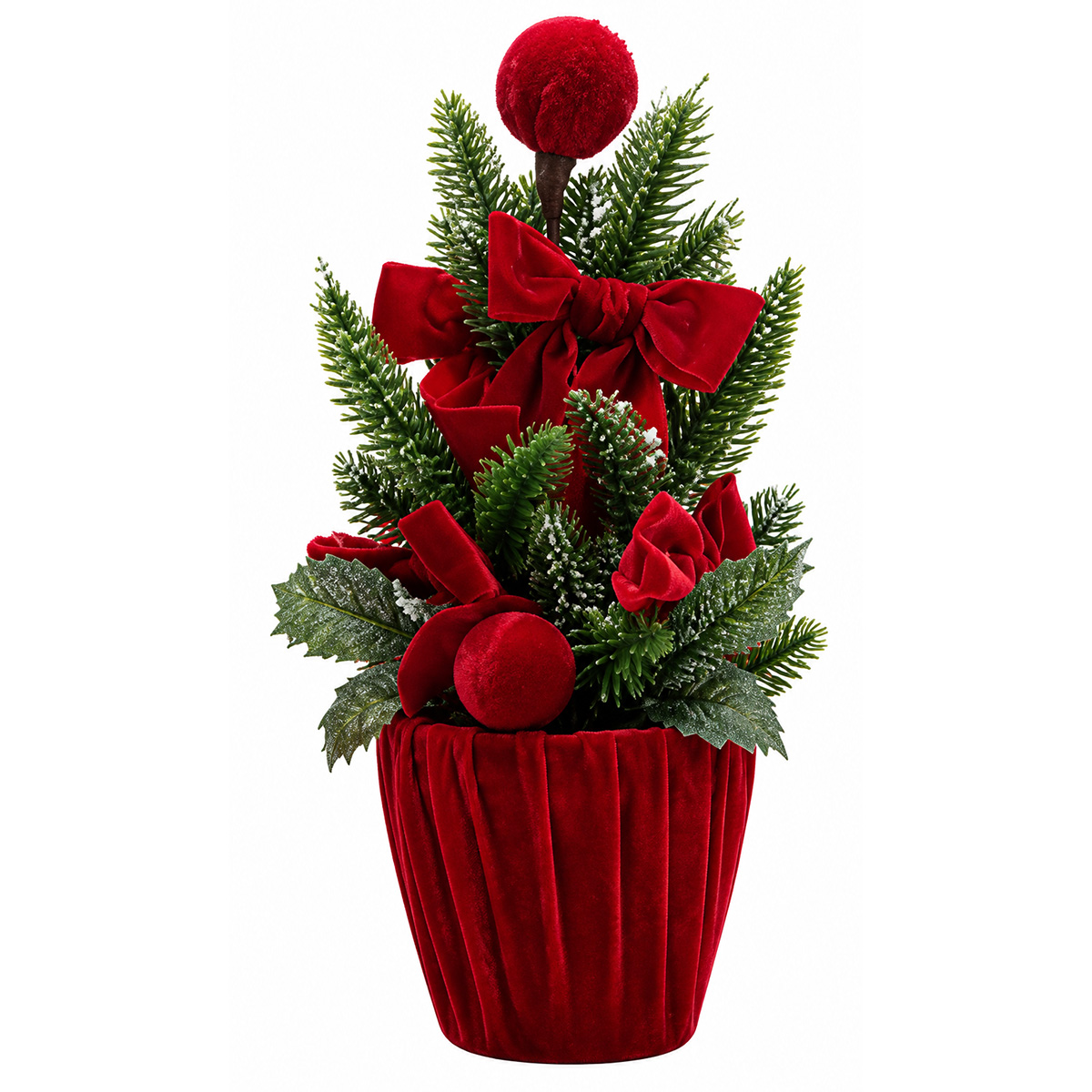 CHRISTMAS DECORATIVE RED VELVET POT WITH DECORATED FIR TREE 35CM