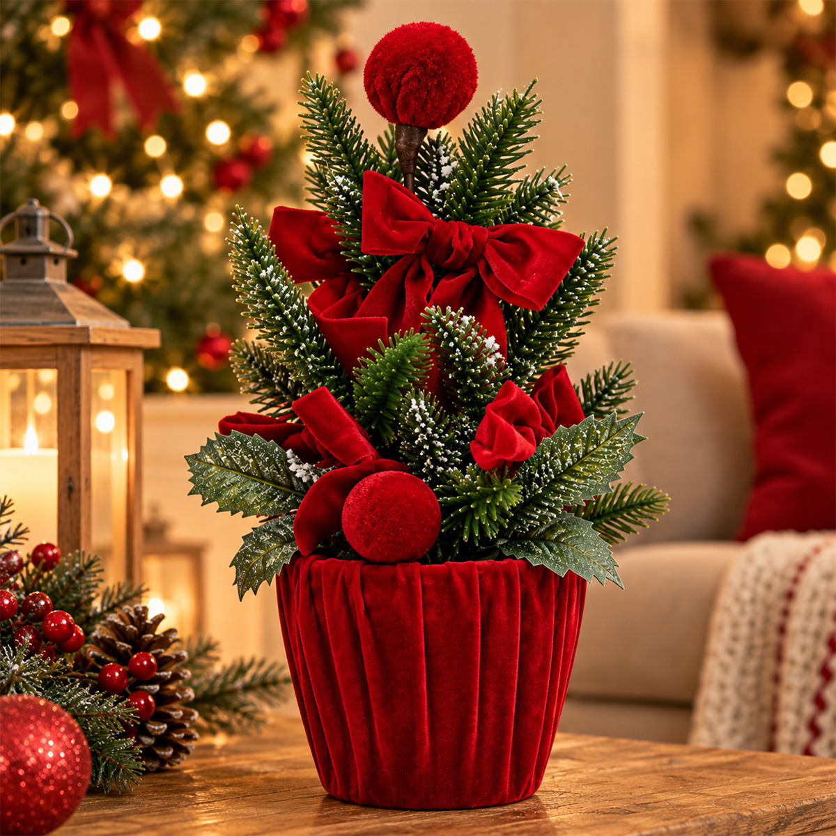 CHRISTMAS DECORATIVE RED VELVET POT WITH DECORATED FIR TREE 35CM - Image 2